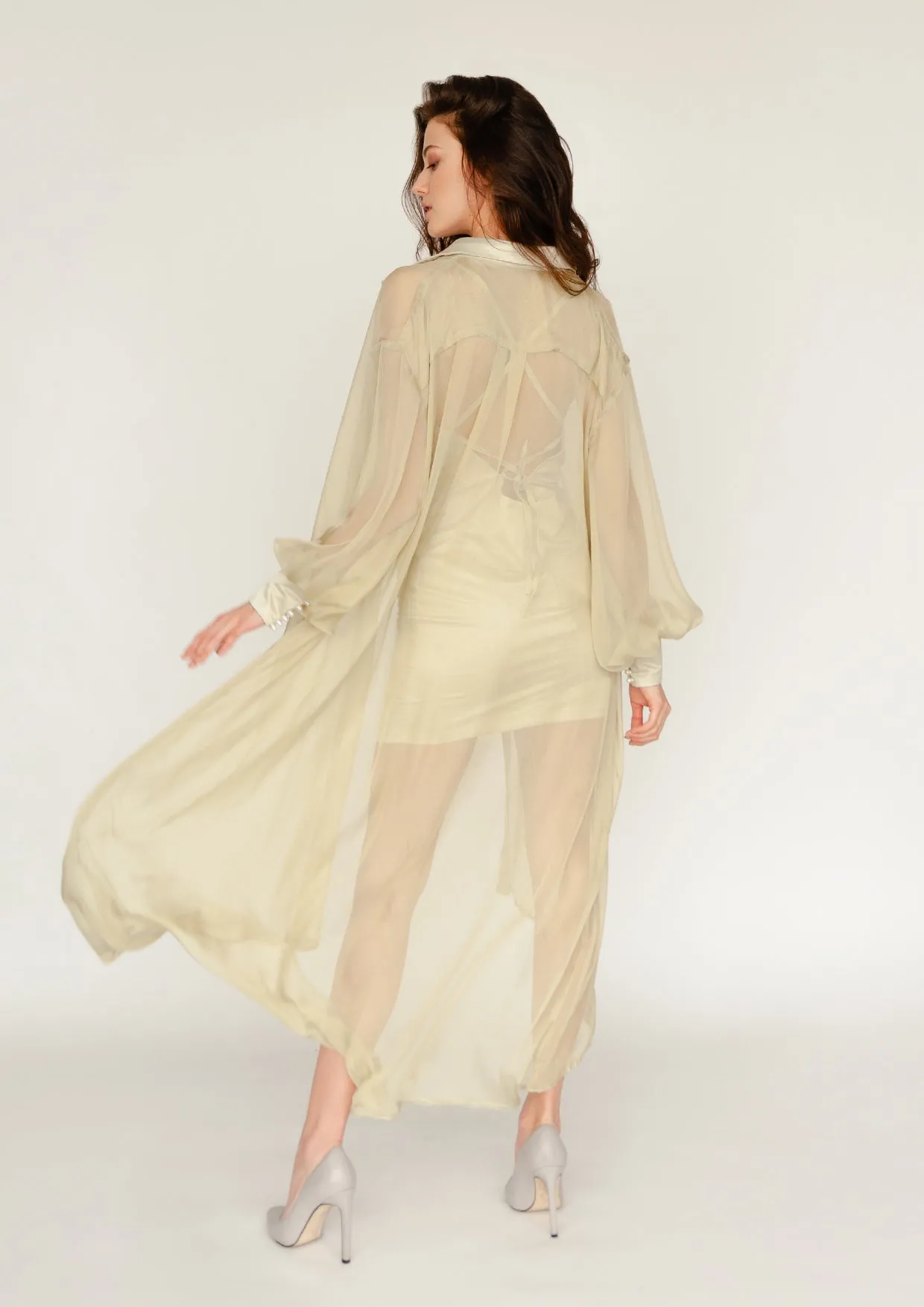 Pistachio Cream Sheer Satin Chiffon Midi Dress