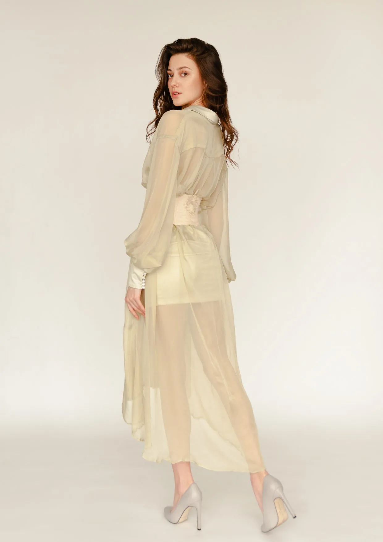 Pistachio Cream Sheer Satin Chiffon Midi Dress