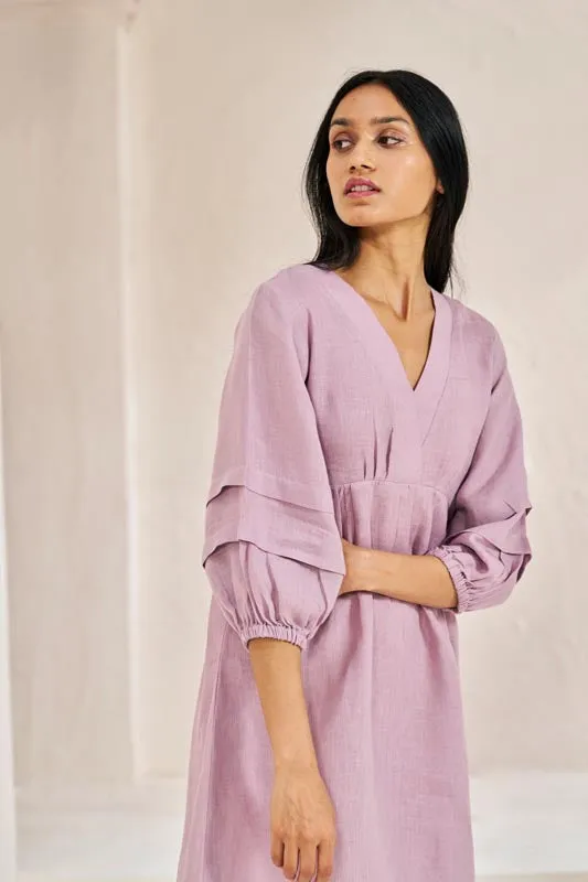 Pleated Sleeves V-neck Dress Pink