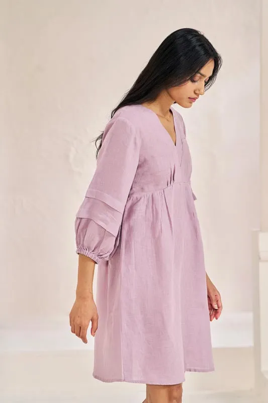 Pleated Sleeves V-neck Dress Pink