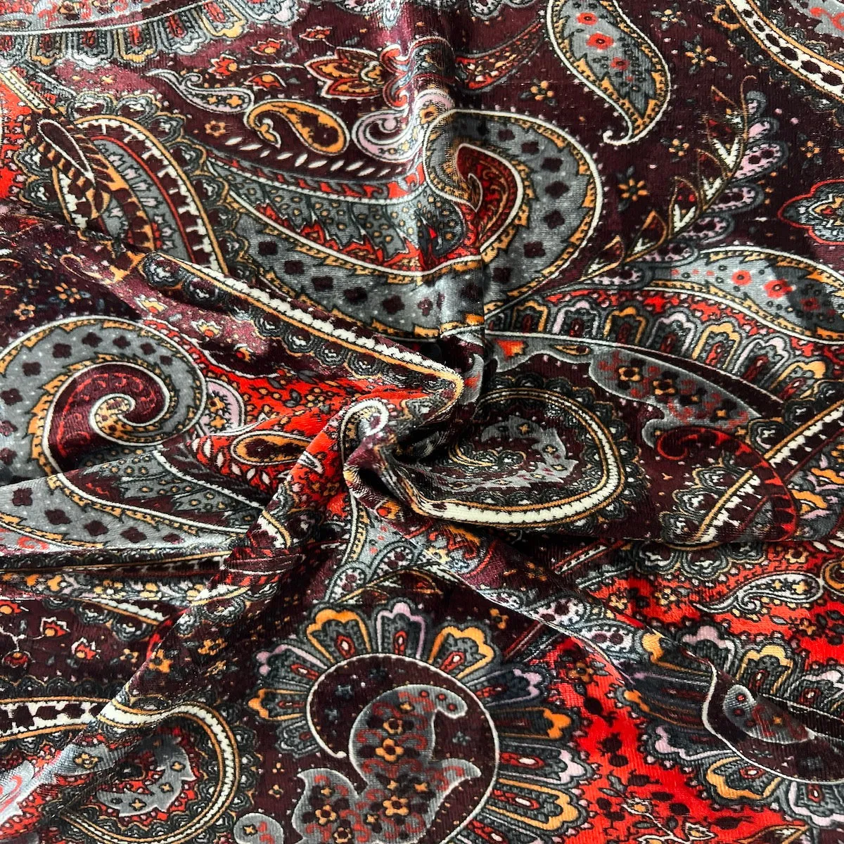 Red Paisley Print Stretch Velvet Fabric