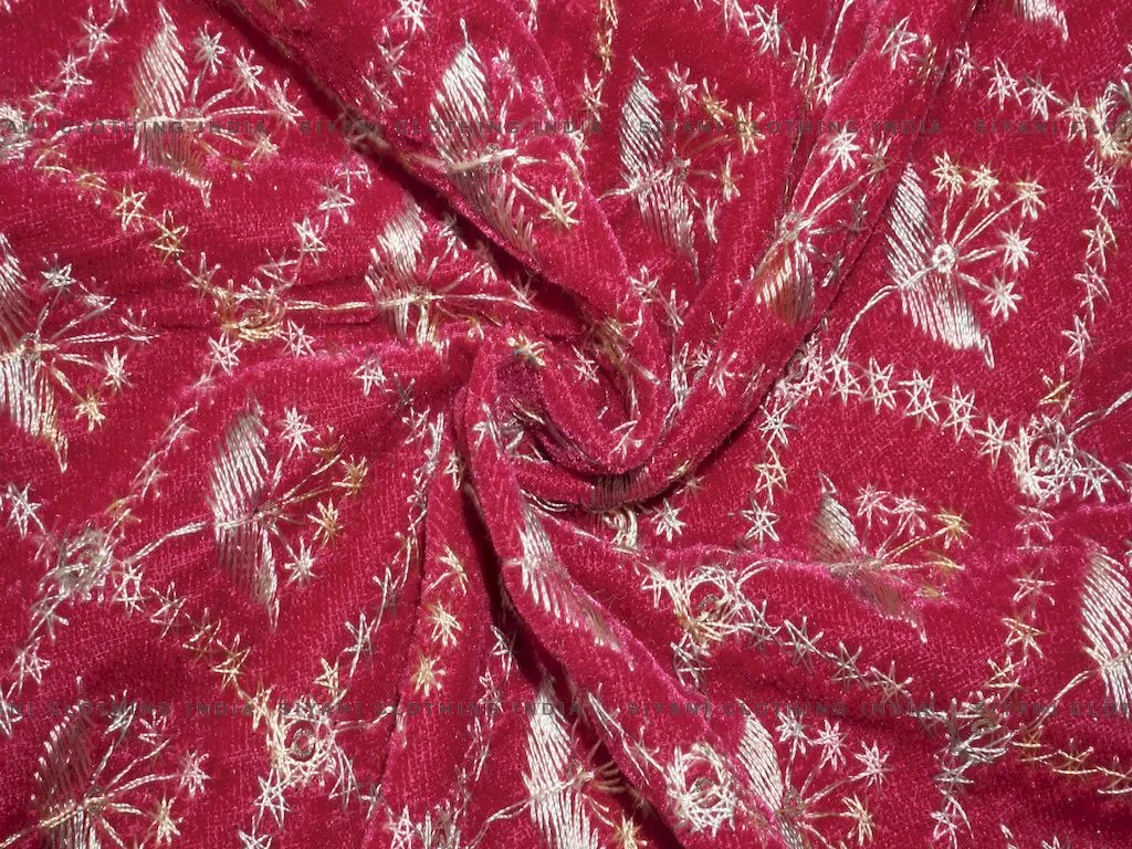 Red Thread Embroidered Velvet Fabric