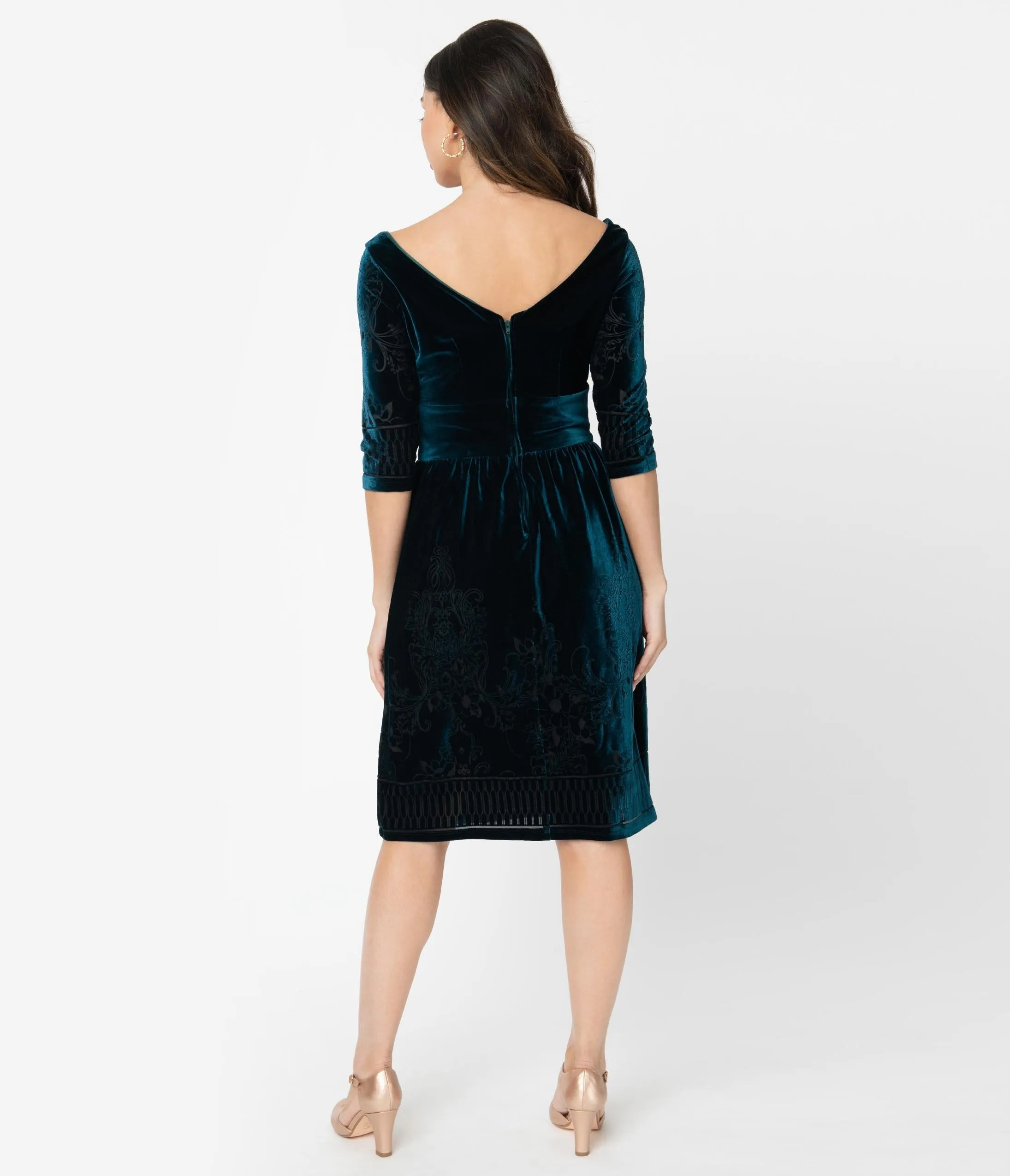 Retro Style Dark Teal Green Embossed Velvet Swing Dress