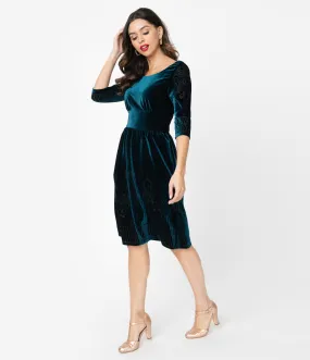 Retro Style Dark Teal Green Embossed Velvet Swing Dress