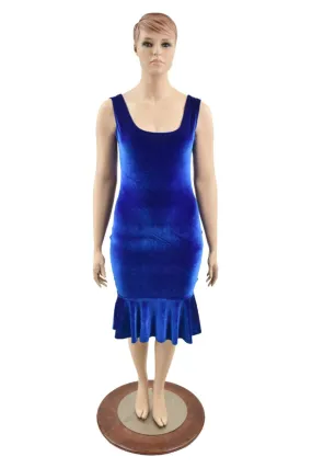 Sapphire Velvet Tank Style Ruffled Wiggle Dress