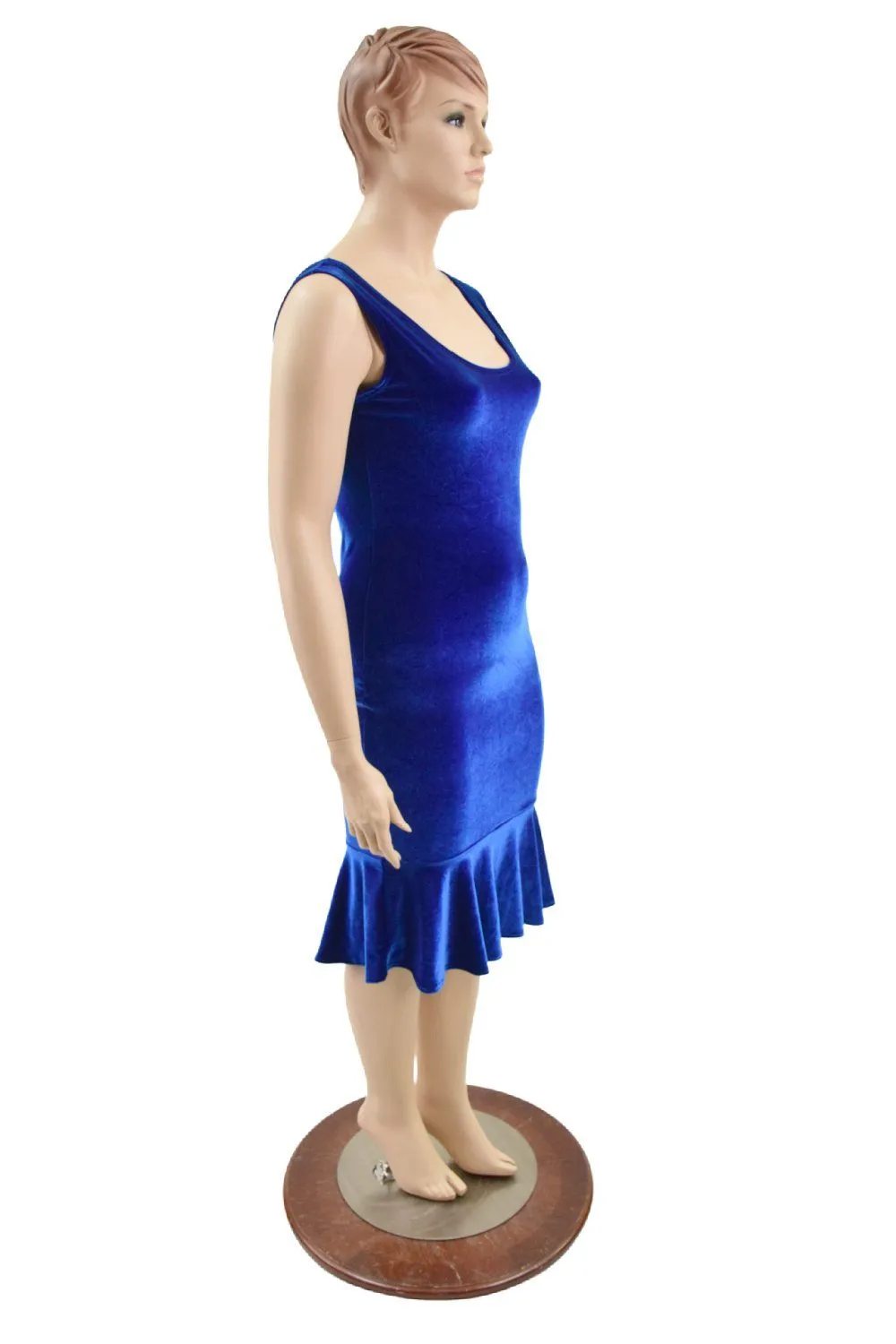 Sapphire Velvet Tank Style Ruffled Wiggle Dress