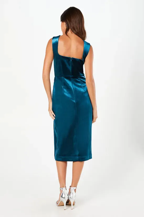 Teal Square Neck Bonded Velvet Pencil Dress Wedding Guest Dresses Bridesmaid Dresses