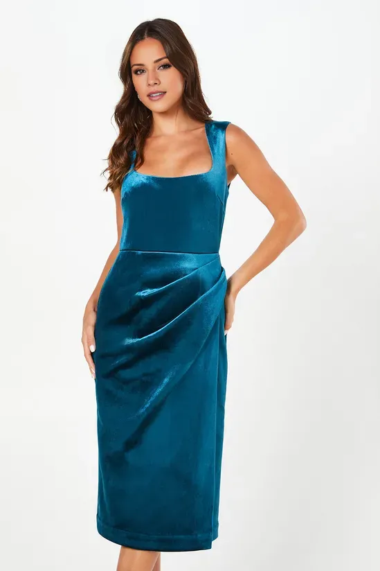 Teal Square Neck Bonded Velvet Pencil Dress Wedding Guest Dresses Bridesmaid Dresses