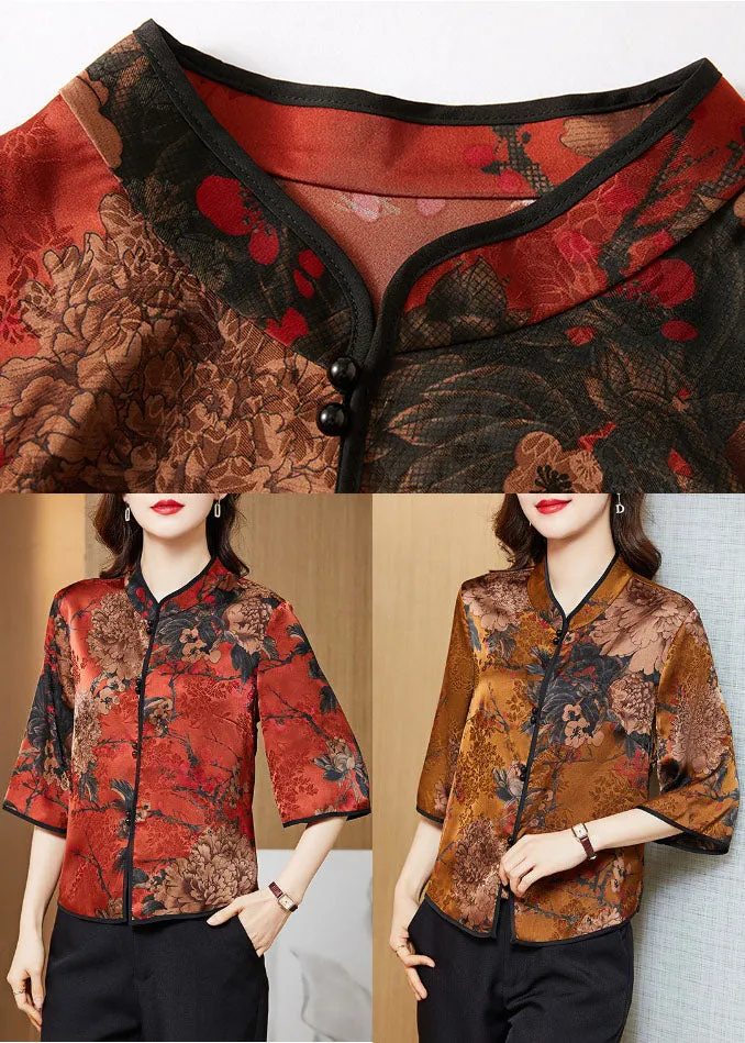 Vintage Red Mandarin Collar Print Silk Shirt Tops Half Sleeve