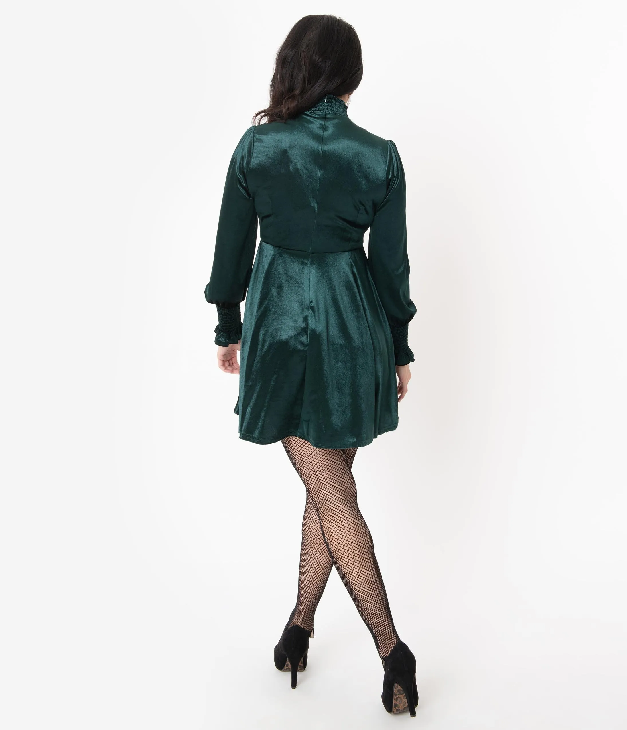 Vintage Style Emerald Green Velvet Mock Neck Fit & Flare Dress