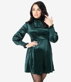 Vintage Style Emerald Green Velvet Mock Neck Fit & Flare Dress